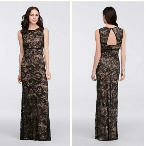 NW Nightway Black Nude Stretch Laced Sequined Gown Long Sleeveless Keyhole Sz 12 - Picture 1 of 14